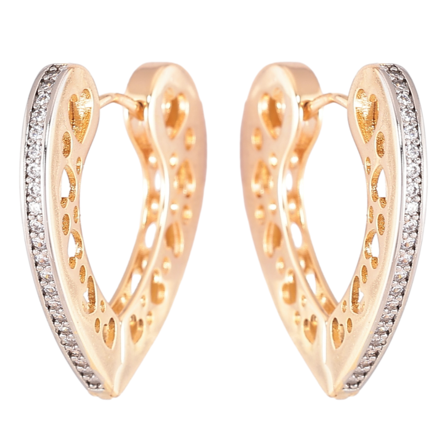 Серьги Xuping Позолота 18K + Родий колечки Сердечки с боковым узором и дорожками циркония фото №1