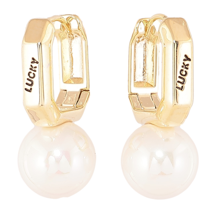 Серьги Xuping Позолота 14K колечки Надпись Lucky с жемчужинами фото №2