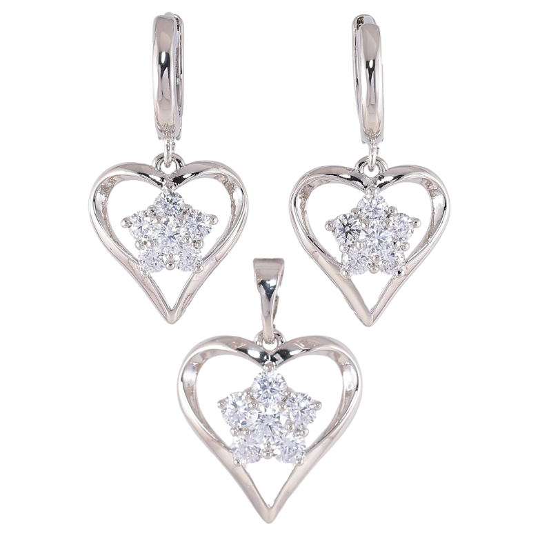 Набор Xuping Родий Серьги Кулон Сердечки с кристальными цветочками фото №1