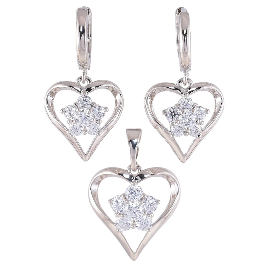 Набор Xuping Родий Серьги Кулон Сердечки с кристальными цветочками фото №1
