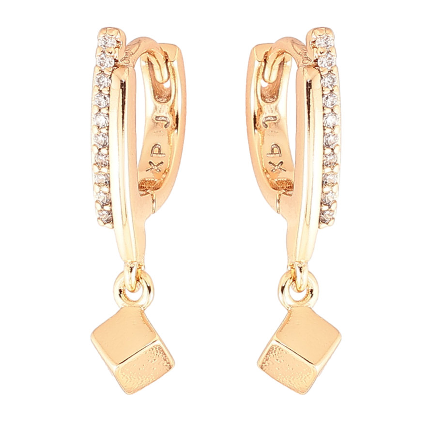 Серьги Xuping Позолота 18K подвески на колечках Кубики с дорожками циркония фото №1
