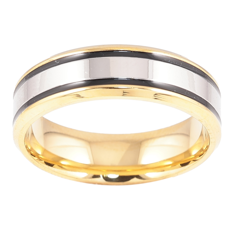 Каблучка Xuping TTM Stainless Steel Колір 14К + Родій «Смуги чорною емаллю, шир. 6мм» фото №1