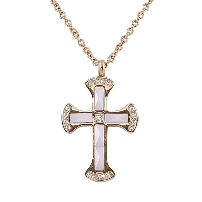 Подвеска на цепочке Xuping ТТМ Stainless Steel цвет 14К Крест с белой керамикой дл.61см х 2.5мм фото №1