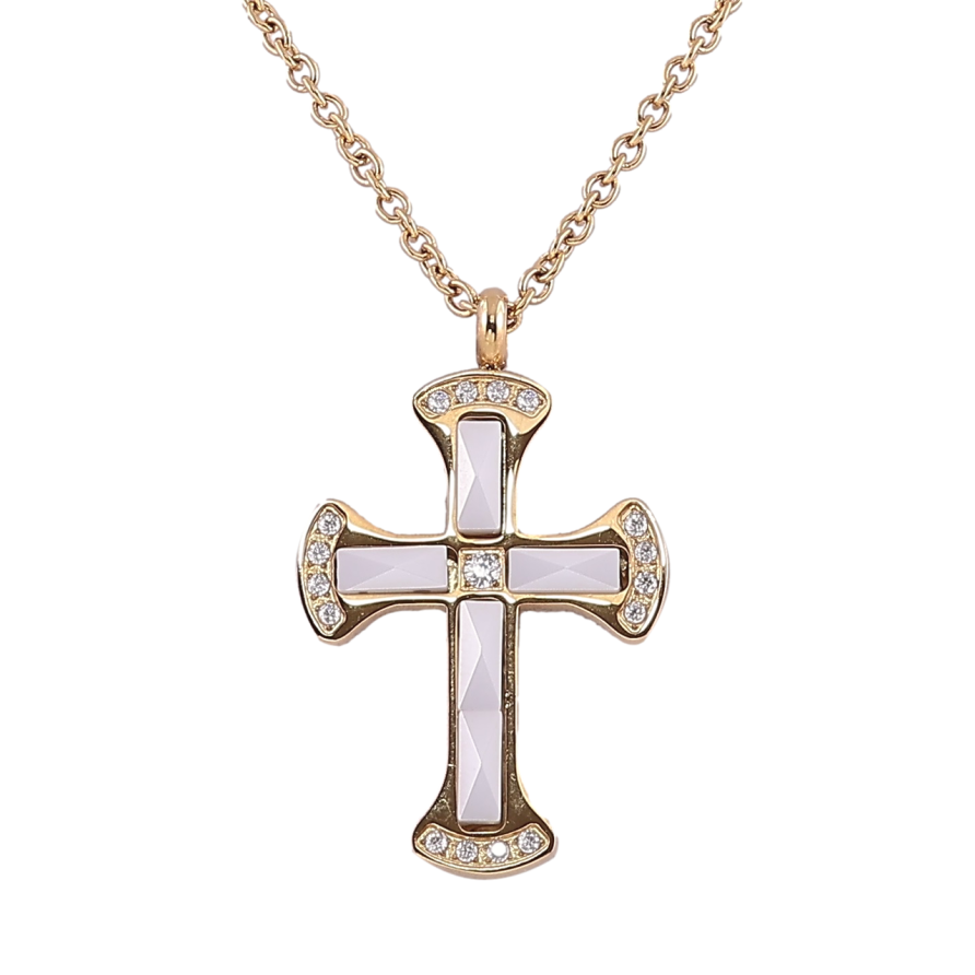 Подвеска на цепочке Xuping ТТМ Stainless Steel цвет 14К Крест с белой керамикой дл.61см х 2.5мм фото №1