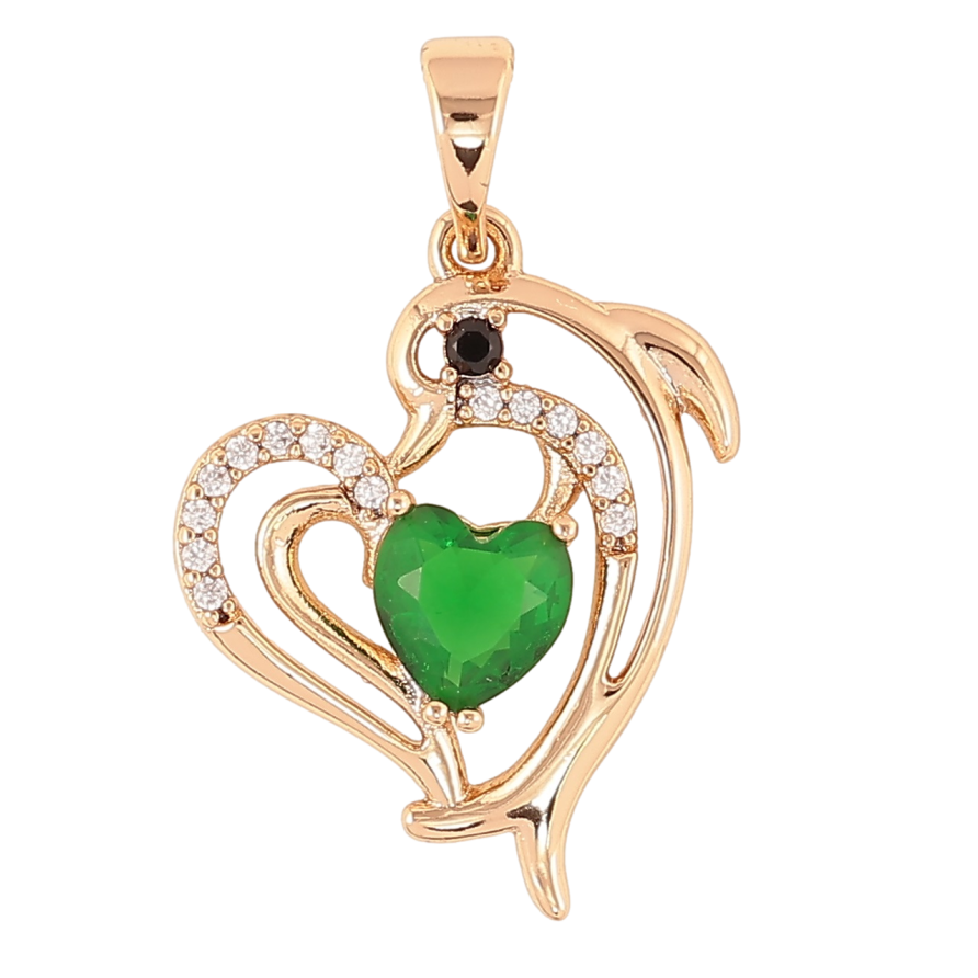 Кулон Xuping Позолота 18K «Сердечко з дельфіном і зеленим фіанітом» для ланцюжка до 5мм фото №1