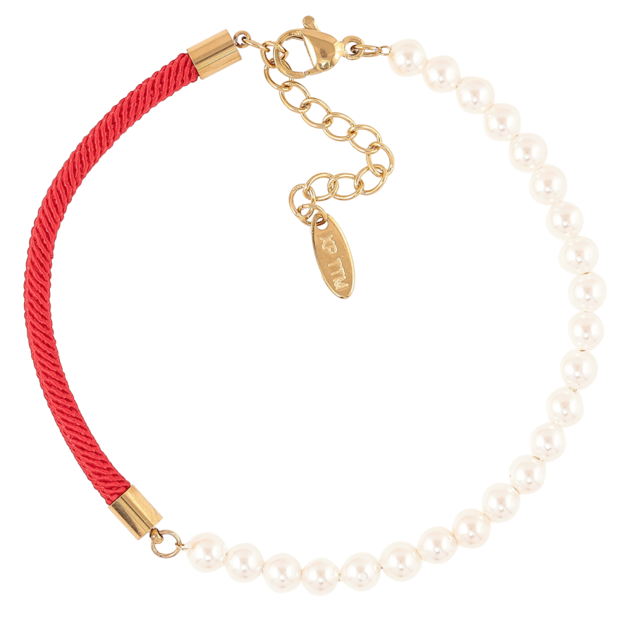 Браслет Xuping ТТМ Stainless Steel колір 14K Червоний шнур з перлинами» довжина з доп.ланцюжком 19-22.5см х 3мм фото №1 Браслет Xuping ТТМ Stainless Steel колір 14K Червоний шнур з перлинами» довжина з доп.ланцюжком 19-22.5см х 3мм фото №1