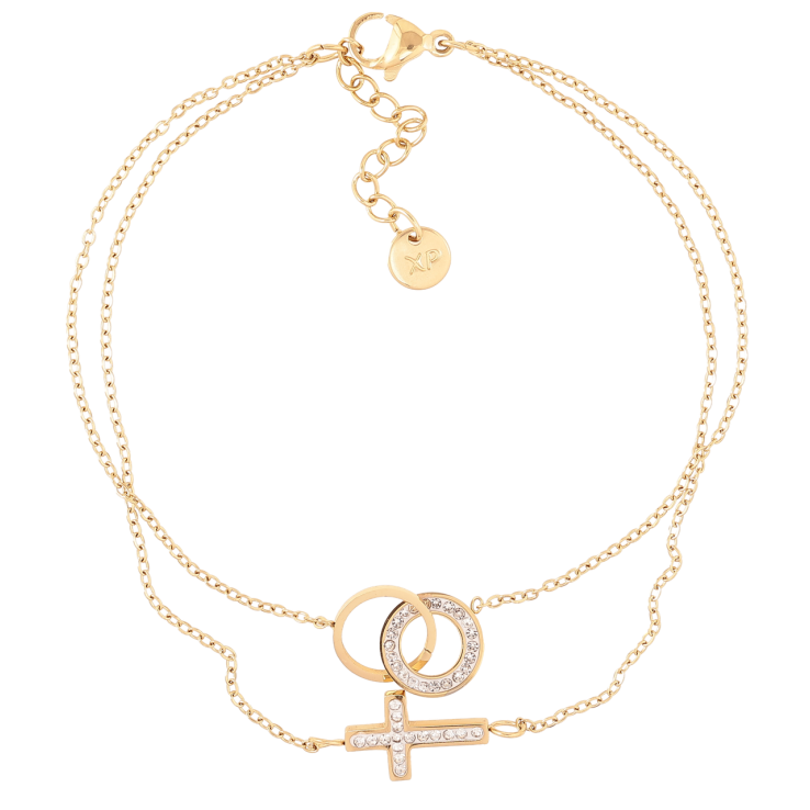 Браслет Xuping ТТМ Stainless Steel колір 14K Два ланцюжки з Хрестиком і кільцями» з дод.ланцюжком 19-22см х 1мм фото №14