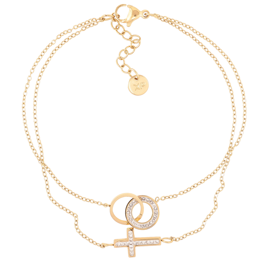 Браслет Xuping ТТМ Stainless Steel колір 14K Два ланцюжки з Хрестиком і кільцями» з дод.ланцюжком 19-22см х 1мм фото №1