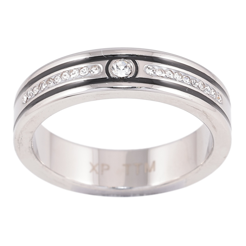 Каблучка Xuping TTM Stainless Steel Колір Родій «Доріжки цирконію і чорної емалі, шир. 5мм» фото №6