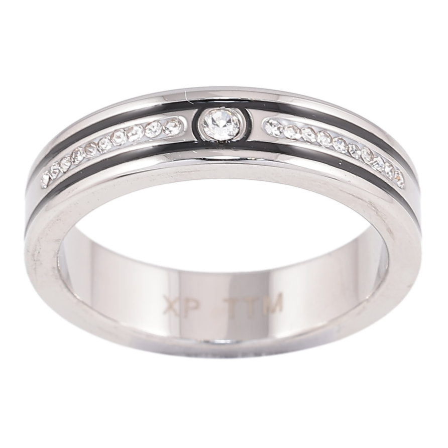 Каблучка Xuping TTM Stainless Steel Колір Родій «Доріжки цирконію і чорної емалі, шир. 5мм» фото №1