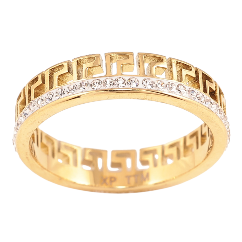 Каблучка Xuping TTM Stainless Steel Колір 14К «Грецький візерунок з цирконієм, шир. 4.5мм» фото №1