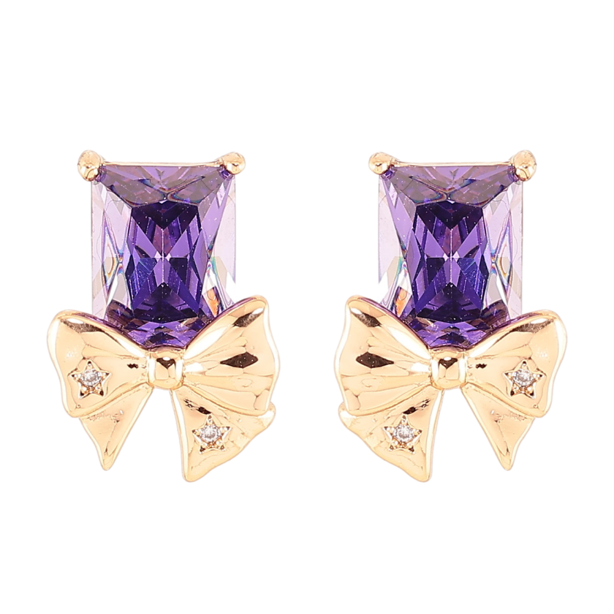 Серьги Xuping Позолота 18K пусеты Сиреневые фианиты с бантами фото №1