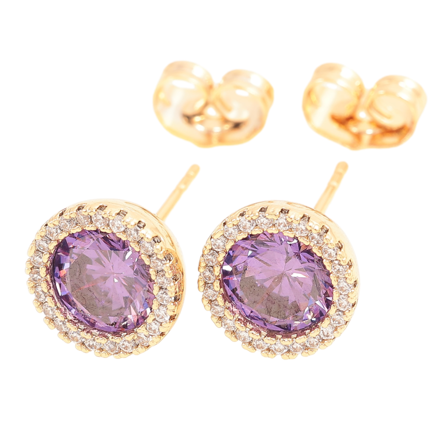 Сережки Xuping Позолота 18K пусети «Бузкові фіаніти в обрамленні цирконію» ø 10мм фото №1