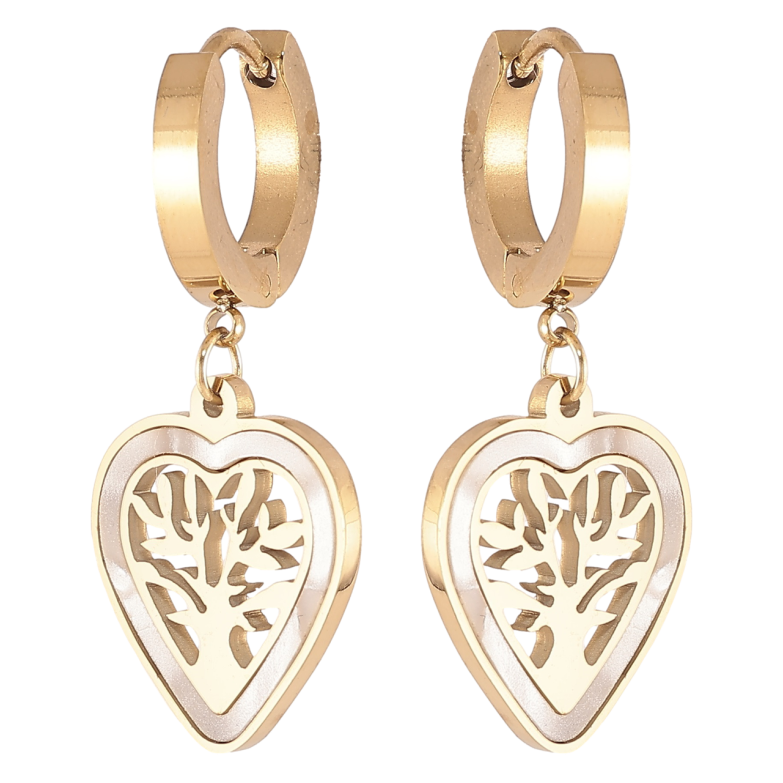 Сережки Xuping TTM Stainless Steel колір 14К підвіски на колечках «Сердечка з деревами та перламутровими вставками» фото №8