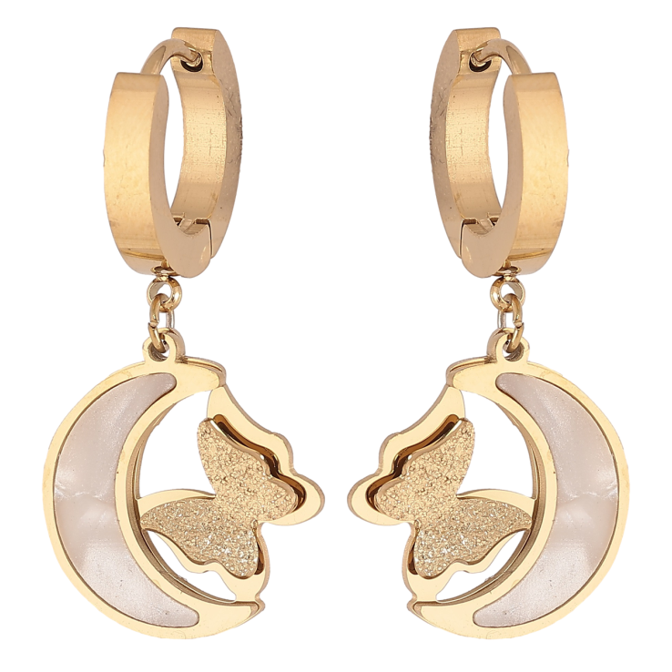 Серьги Xuping TTM Stainless Steel цвет 14К подвески на колечках Полумесяц с бабочкой, перламутровые вставки фото №22