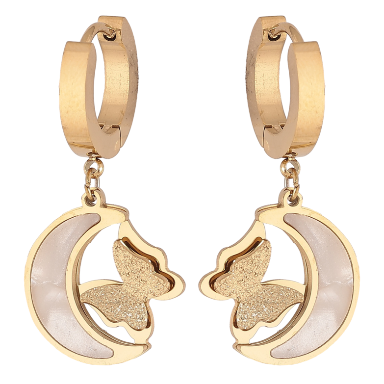 Серьги Xuping TTM Stainless Steel цвет 14К подвески на колечках Полумесяц с бабочкой, перламутровые вставки фото №2