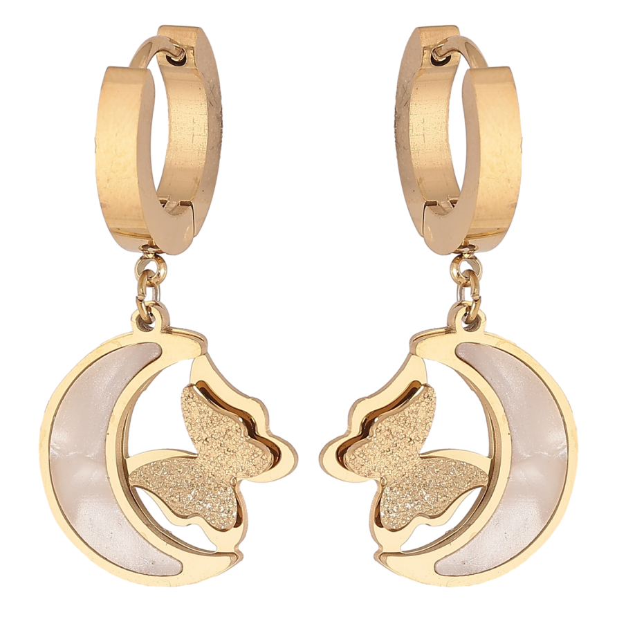 Серьги Xuping TTM Stainless Steel цвет 14К подвески на колечках Полумесяц с бабочкой, перламутровые вставки фото №1