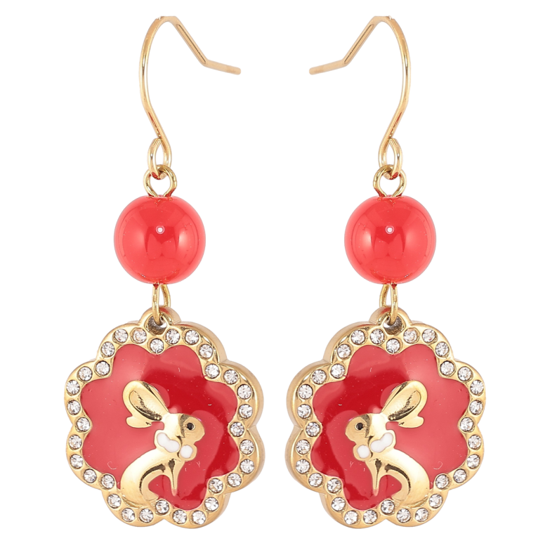 Сережки Xuping TTM Stainless Steel колір 14К французький замок «Підвіски з кроликами на червоній емалі з цирконієм» фото №1