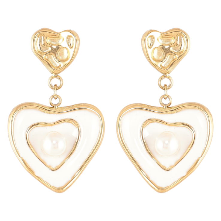 Серьги Xuping TTM Stainless Steel цвет 14К пусеты Сердечки с белой эмалью и жемчужинами фото №21