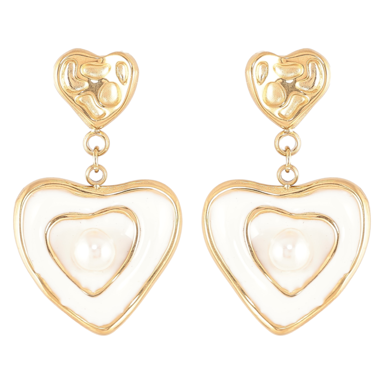 Серьги Xuping TTM Stainless Steel цвет 14К пусеты Сердечки с белой эмалью и жемчужинами фото №8