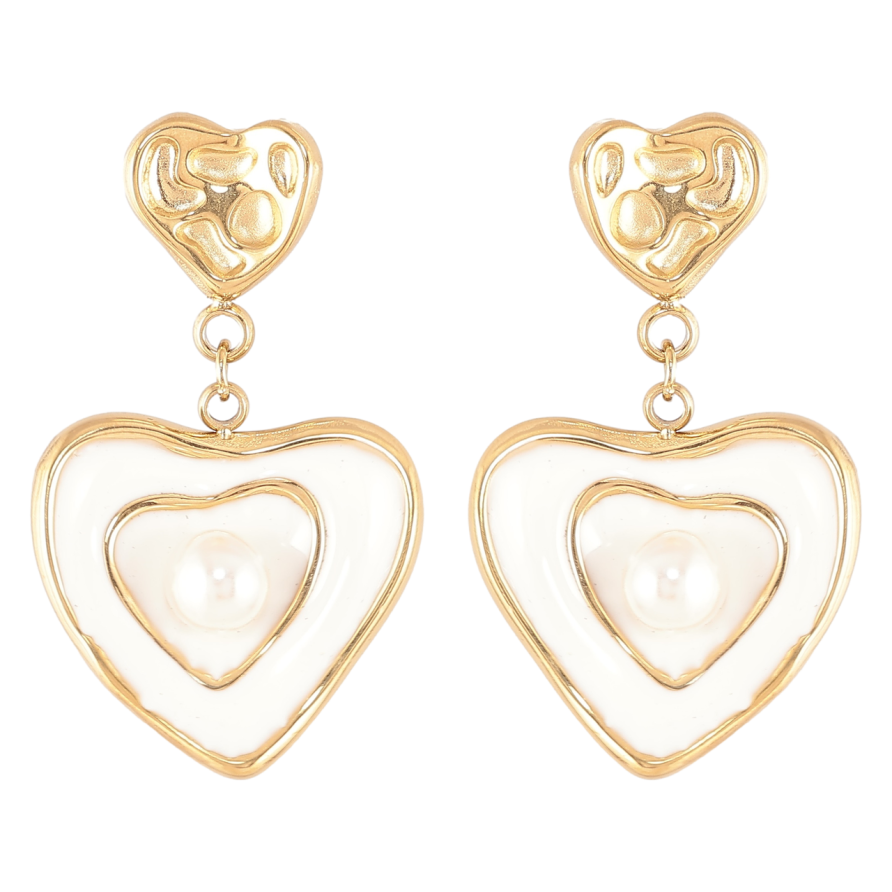 Серьги Xuping TTM Stainless Steel цвет 14К пусеты Сердечки с белой эмалью и жемчужинами фото №1