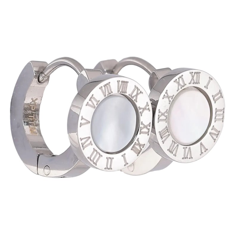 Серьги Xuping TTM Stainless Steel цвет Родий колечки Циферблат с перламутровыми вставками фото №1