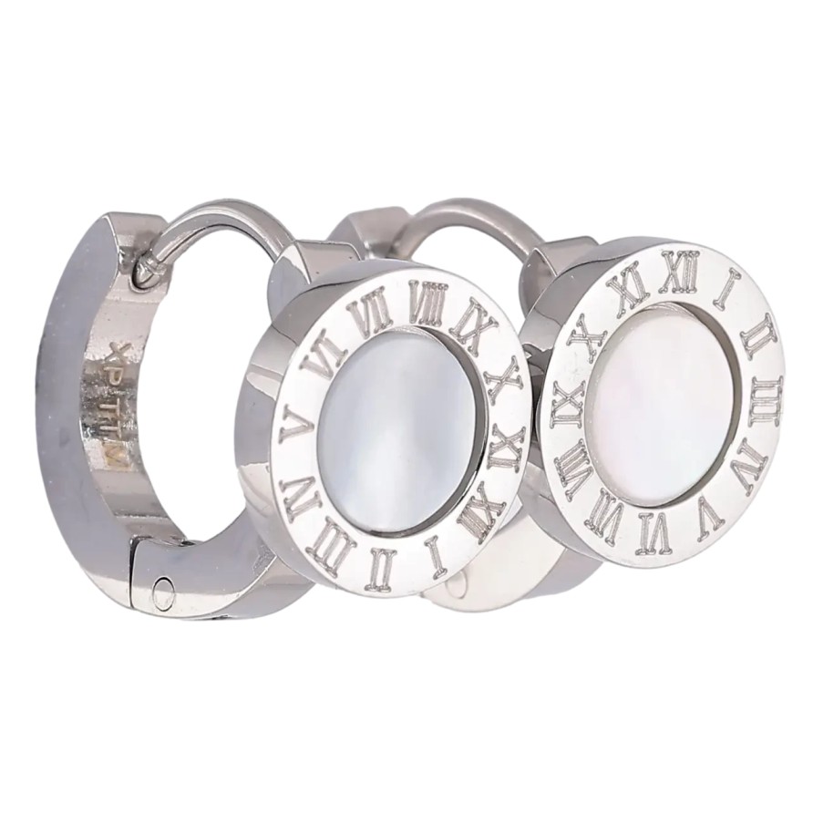 Серьги Xuping TTM Stainless Steel цвет Родий колечки Циферблат с перламутровыми вставками фото №1