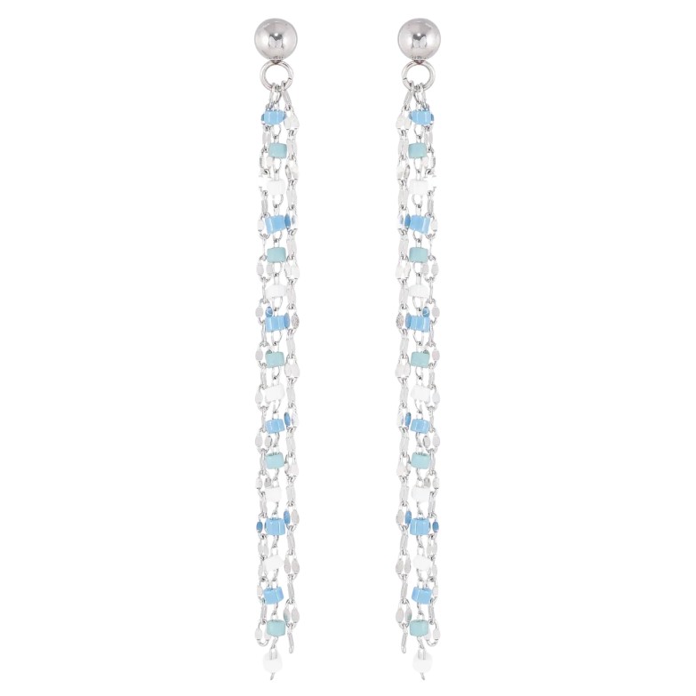 Сережки Xuping TTM Stainless Steel колір Родій пусети «Підвіски з ланцюжків з біло-блакитним бісером» фото №4