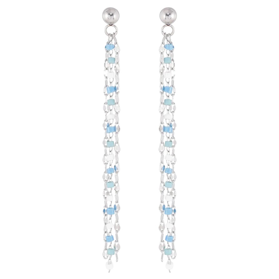 Серьги Xuping TTM Stainless Steel цвет Родий пусеты Подвески из цепочек с бело-голубым бисером фото №1