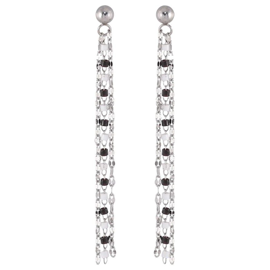 Серьги Xuping TTM Stainless Steel цвет Родий пусеты Подвески из цепочек с черно-белым бисером фото №1