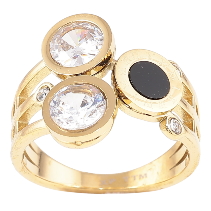 Каблучка Xuping TTM Stainless Steel Колір 14К «Візерунок з вставками цирконію і чорної кераміки» фото №19