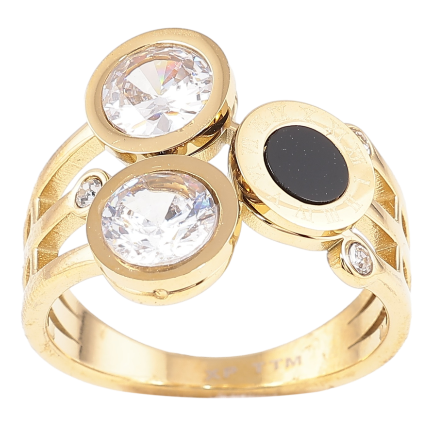 Каблучка Xuping TTM Stainless Steel Колір 14К «Візерунок з вставками цирконію і чорної кераміки» фото №1