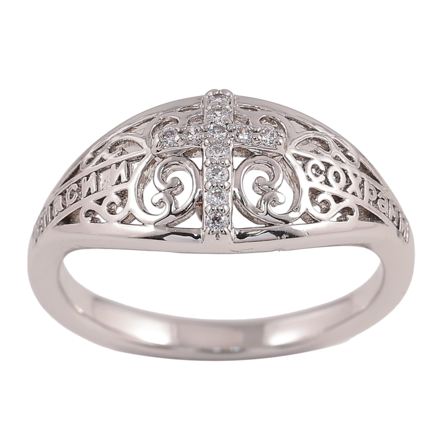 Каблучка Xuping Родій Напис «Спаси і Збережи» з Хрестом» фото №1 Каблучка Xuping Родій Напис «Спаси і Збережи» з Хрестом» фото №1