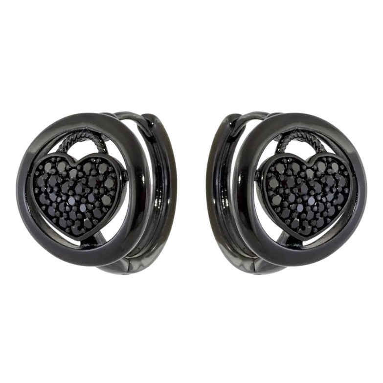 Серьги Xuping Позолота Black (черное золото) колечки Сердечки в колечках с черным цирконием фото №1