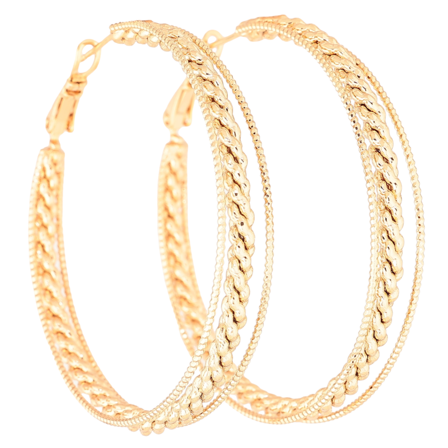 Сережки Xuping Позолота 18K кільця (конго) «Потрійні кільця з візерунком» ø 5см фото №1