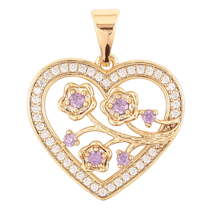 Кулон Xuping Позолота 18K Сердечко с цветочным узором и бело-сиреневым цирконием для цепочки до 7мм фото №1