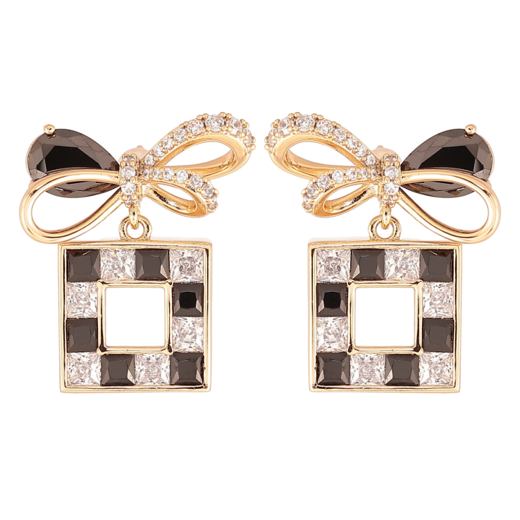 Сережки Xuping QQMM Позолота 18K пусети «Банти з квадратними підвісками та чорно-білим цирконієм» фото №9