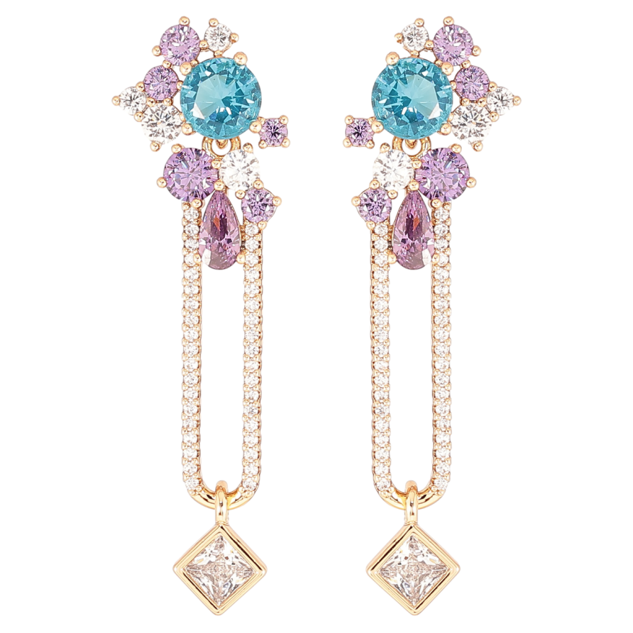 Сережки Xuping QQMM Позолота 18K пусети «Банти з квадратними підвісками та чорно-білим цирконієм» фото №1