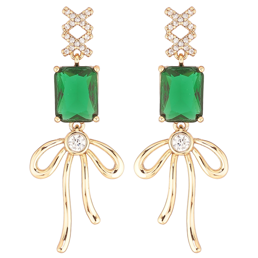 Сережки Xuping QQMM Позолота 18K пусети «Підвіски з зеленими фіанітами та бантами» фото №1