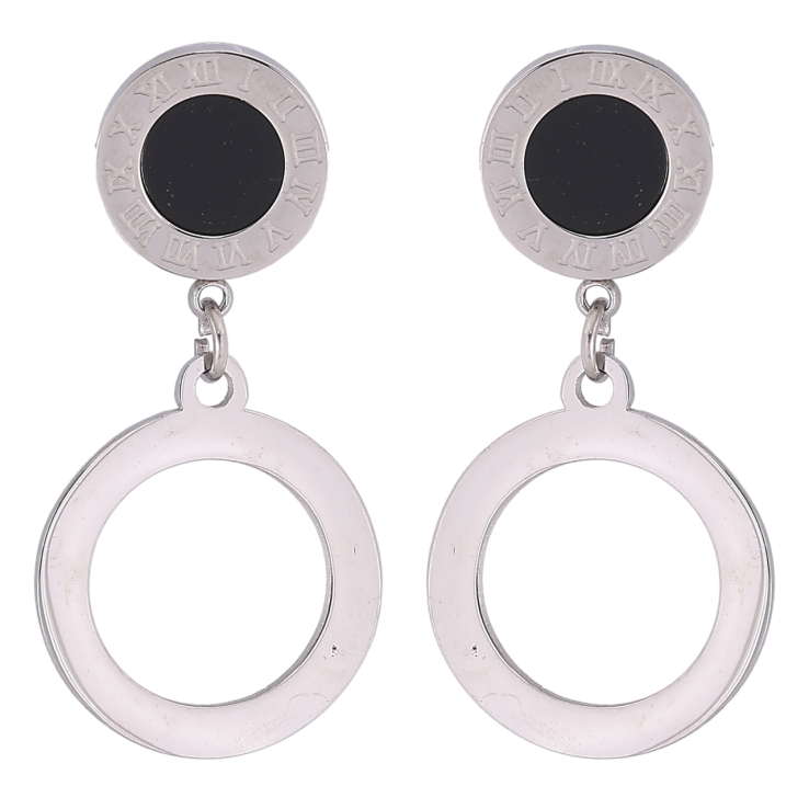 Серьги Xuping TTM Stainless Steel цвет Родий пусеты Круглые подвески с циферблатом и черными вставками фото №17