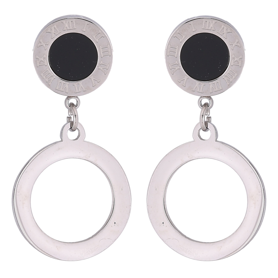 Серьги Xuping TTM Stainless Steel цвет Родий пусеты Круглые подвески с циферблатом и черными вставками фото №1