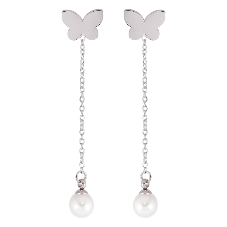 Серьги Xuping TTM Stainless Steel цвет Родий пусеты Бабочки с жемчужными подвесками фото №9