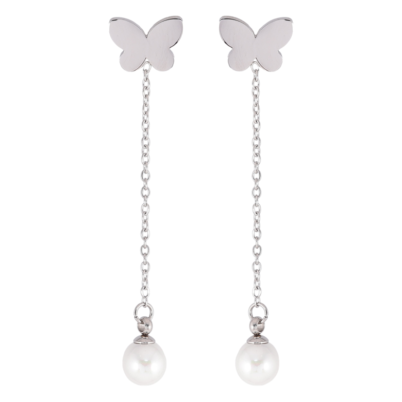 Серьги Xuping TTM Stainless Steel цвет Родий пусеты Бабочки с жемчужными подвесками фото №2