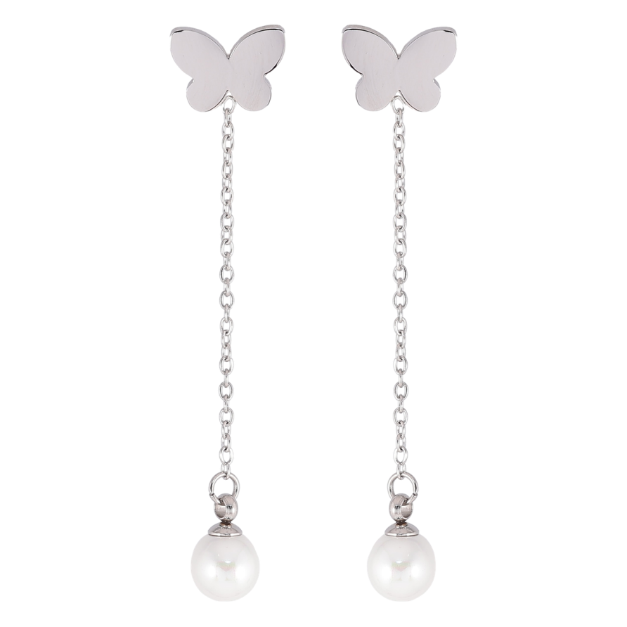 Серьги Xuping TTM Stainless Steel цвет Родий пусеты Бабочки с жемчужными подвесками фото №1