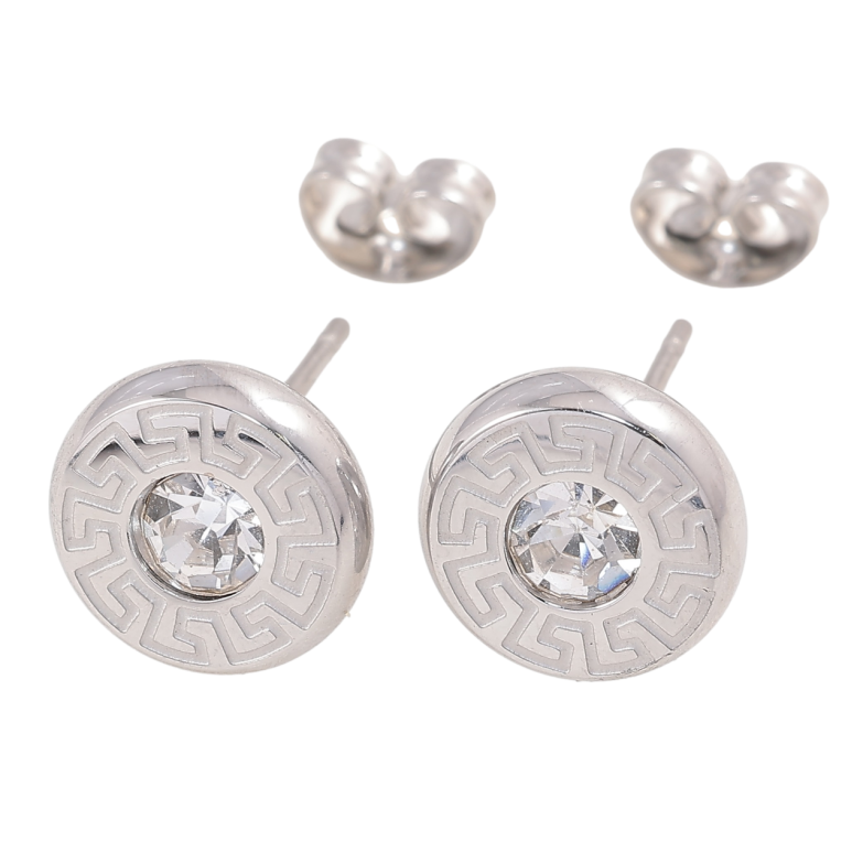 Серьги Xuping TTM Stainless Steel цвет Родий пусеты Круги с греческим узором и кристаллами ø 10мм фото №1