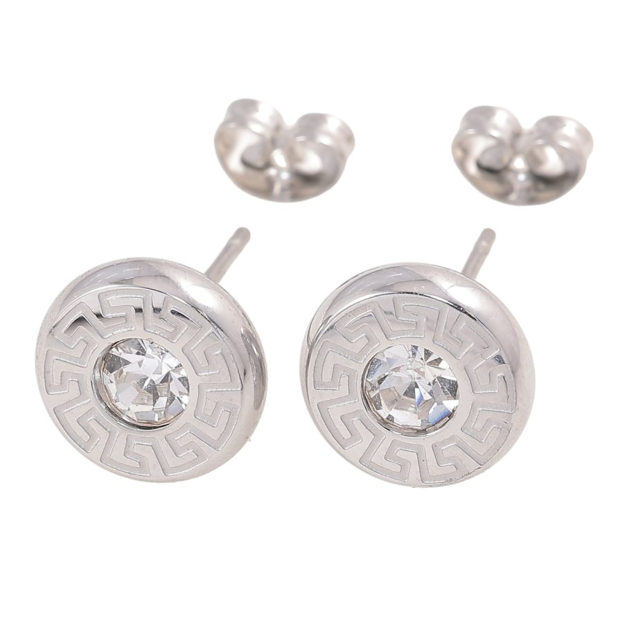 Серьги Xuping TTM Stainless Steel цвет Родий пусеты Круги с греческим узором и кристаллами ø 10мм фото №1