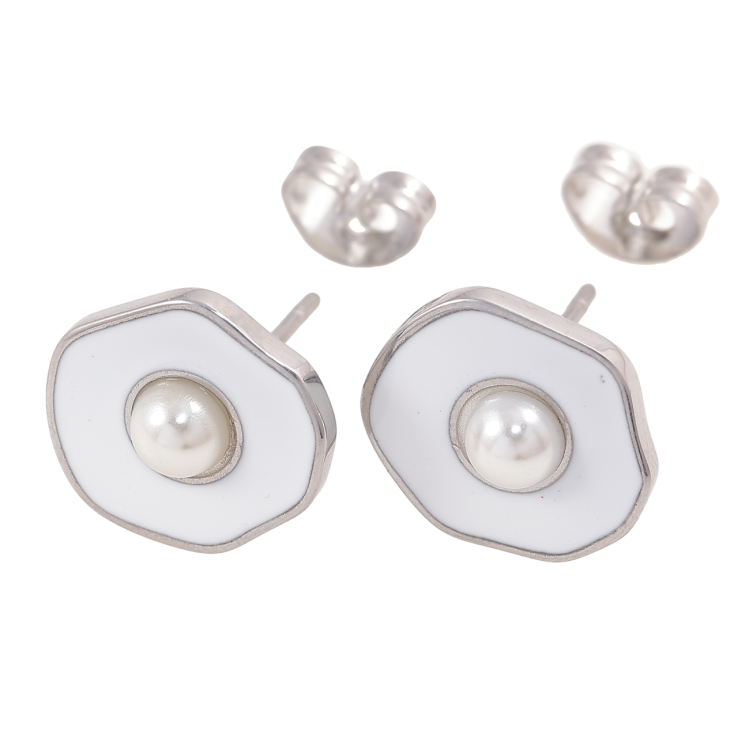 Серьги Xuping TTM Stainless Steel цвет Родий пусеты Фигурные с жемчужинами и белой эмалью фото №12