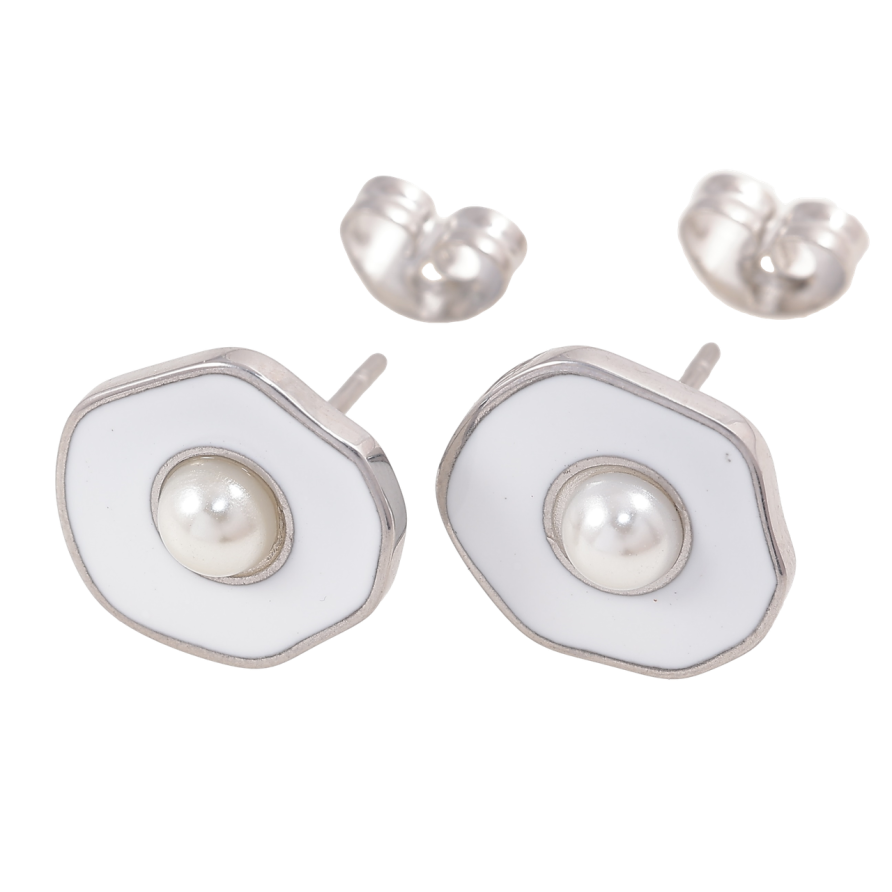 Серьги Xuping TTM Stainless Steel цвет Родий пусеты Фигурные с жемчужинами и белой эмалью фото №1