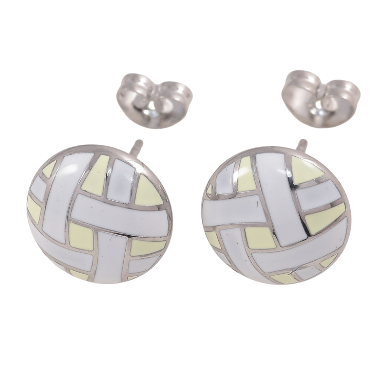 Сережки Xuping TTM Stainless Steel колір Родій пусети «Візерунок біло-жовтою емаллю» ø 12мм фото №11