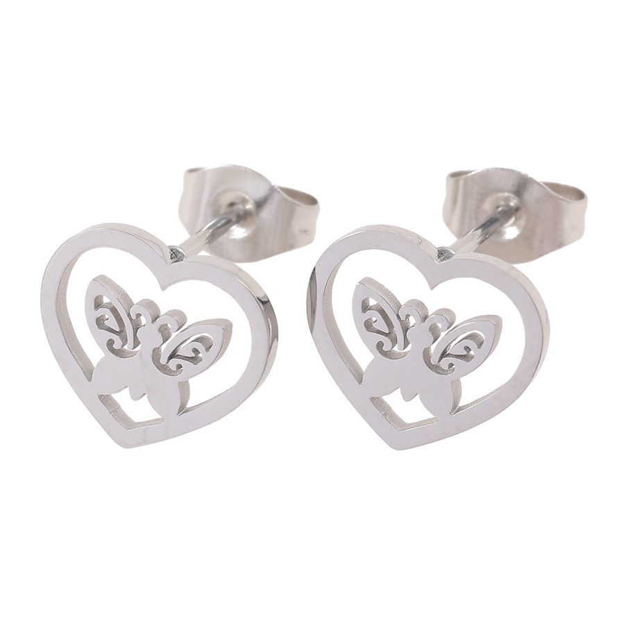 Серьги Xuping TTM Stainless Steel цвет Родий пусеты Сердечки с бабочками фото №1
